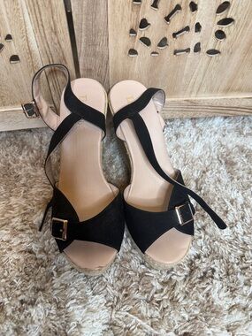 Limelight Black Suede Espadrille Wedge Sandals with Buckle